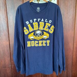 NHL Buffalo Sabres Hockey Long Sleeve T Shirt Blue Yellow Logo Mens Size XXL